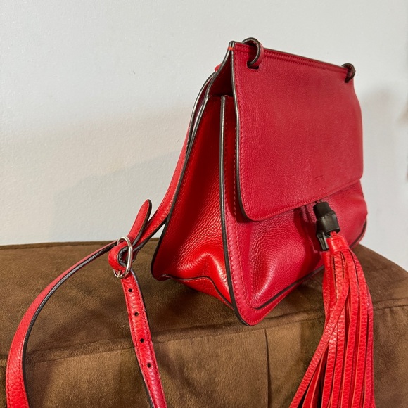Gucci Women's Bamboo Daily Red Leather Flap Shoulder Bag - Picture 13 of 16